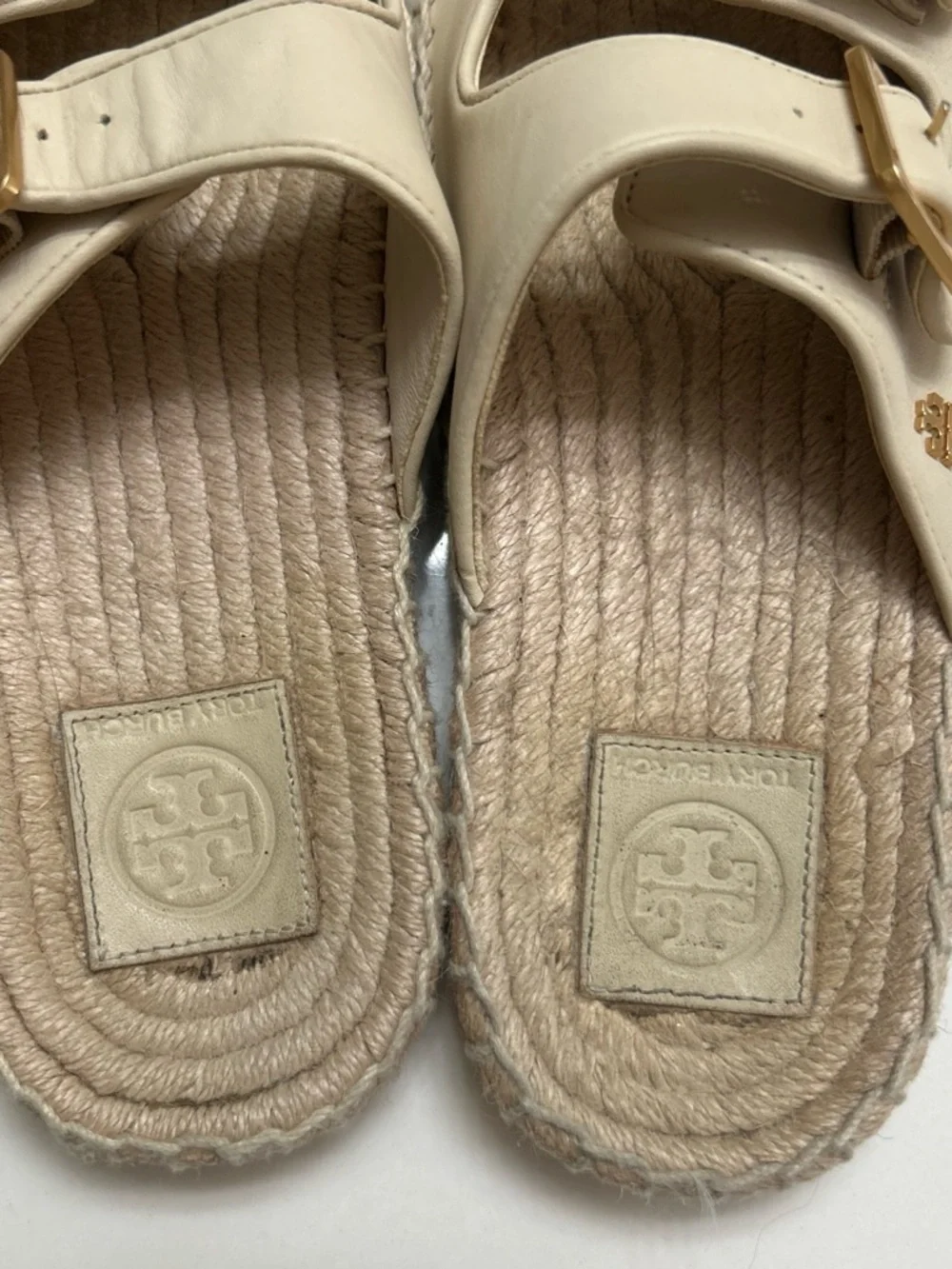 Tory Burch Cream Double-Strap Espadrille Slides with Gold Buckles